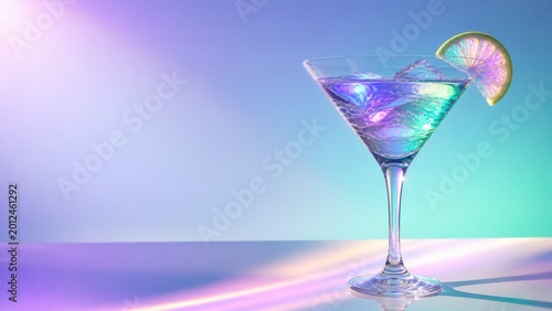 Colorful martini cocktail with glowing gradient background and copy space, neon drink advertising concept, futuristic nightlife beverage.