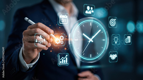 Business executive interacting with futuristic time management dashboard and productivity analytics interface in modern corporate office, representing workflow efficiency and planning