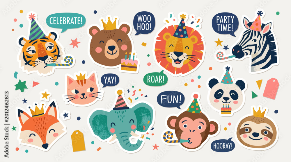 Obraz premium Funny Party Animal Head Vector Collection with Whimsical Birthday Elements and Modern Sticker Style