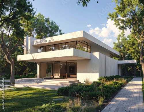 Modern concrete house with expansive glass, bathed in sunlight, amid lush foliage