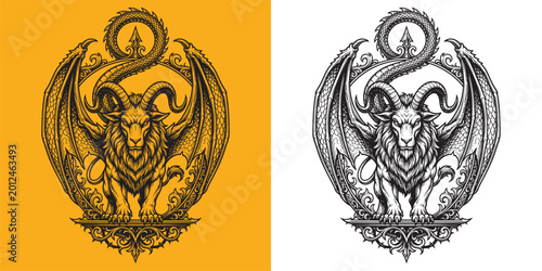 Obraz na płótnie Mythical Chimera Creature with Lion Head Goat Horns and Wings
