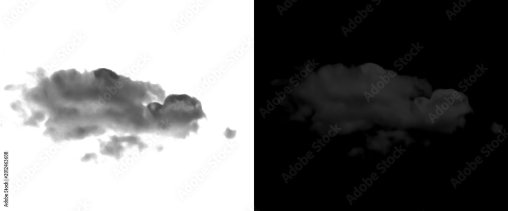 Fototapeta premium Isolated dark storm cloud on white and black background, realistic smoke texture for compositing, fluffy gray cumulus cloud element for design