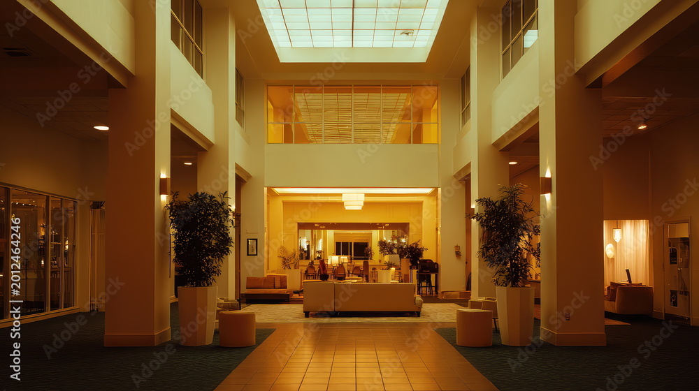 Fototapeta premium Spacious hotel lobby creating a welcoming atmosphere with contemporary interior design, large skylight, tall columns, and comfortable seating areas bathed in warm light