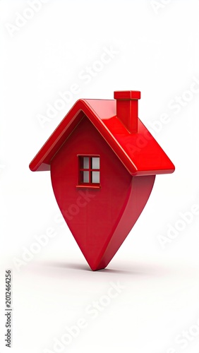 Red 3D house marker symbol, a home location pin with window and chimney