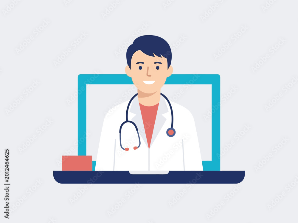 Fototapeta premium Online Doctor Consultation Flat Vector Illustration, Telemedicine Healthcare Service Concept