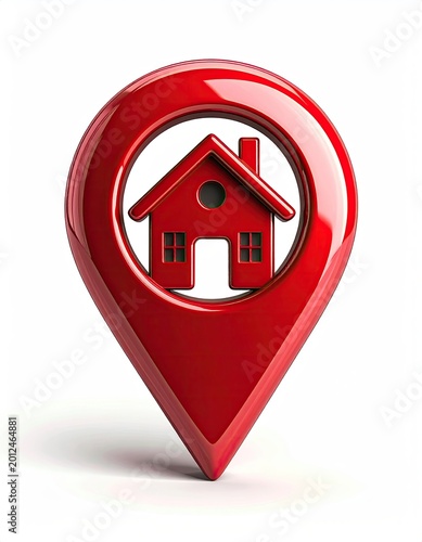 Red 3D map marker with house icon inside, isolated on white