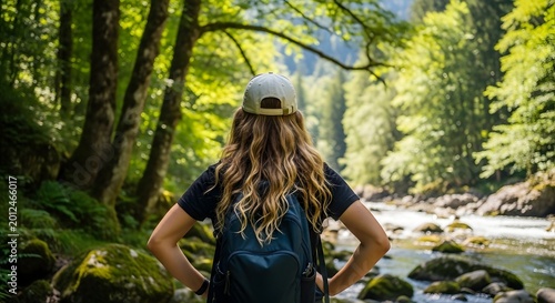 Woman Hiking in Forest Nature Trail with Backpack and Cap Enjoying Scenic Outdoor Adventure in Lush Green Environment for Travel and Exploration Enthusiasts