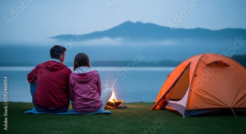 Romantic couple enjoying a peaceful camping night by the lake with a cozy tent and campfire under a scenic mountain view in nature retreat