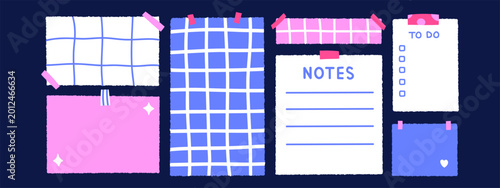 Vector set of cute planner note paper, grid memo, notes page, to do list and decorative taped card. Hand drawn stationery clipart collection for bullet journal, school and digital planner design.