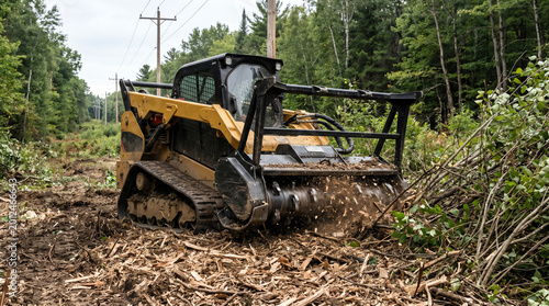 Skid steer with mulching head attachment clearing brush along a utility right of way