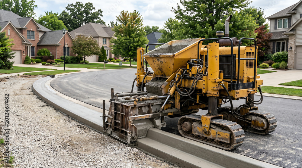 Obraz premium Slipform curb and gutter machine extruding a fresh concrete profile on a residential street