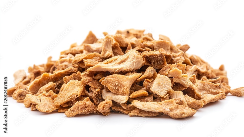 Fototapeta premium A pile of dried chicken pieces rests against a clean white background, inviting creativity in dishes. Their rich textures promise savory flavors and delicious cooking adventures
