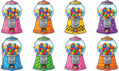 Tableau sur toile Kawaii Gumball Machine Set Featuring Colorful Gumballs in Fun, Vibrant Machines