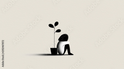 Person Sitting on Floor Hugging Knees While Small Houseplant Grows Toward Light - Gentle Metaphor for Healing and Emotional Recovery, Black and White Ink Illustration

