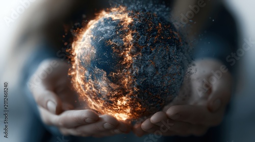 A pair of hands holding a fiery, glowing, molten planet Earth with molten lava cracking its surface.