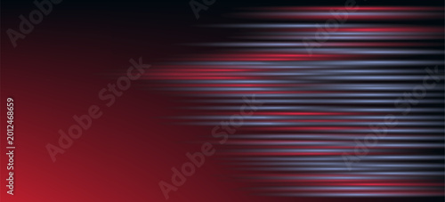 Blue and red high-speed background. Movement light trails effect on black abstract background. Wide technology banner with glowing blue and red light motion effect. Vector illustration