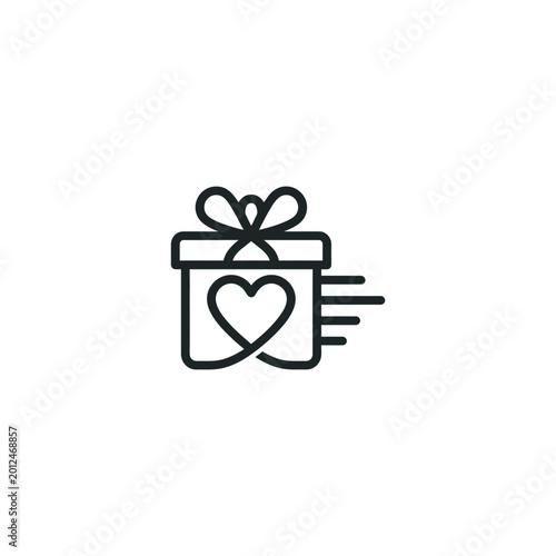 A black line drawing of a gift box with a heart flies through the air.