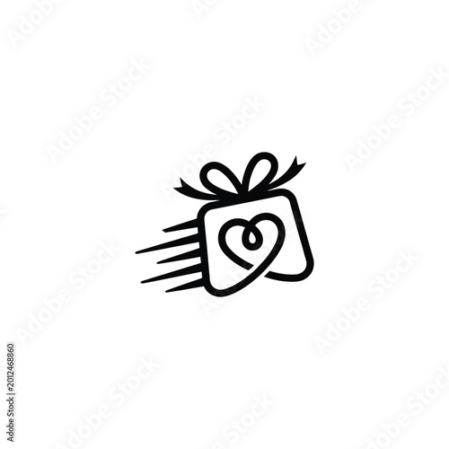 A wrapped gift with a heart flies through the air quickly wrapped.