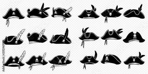 Canvastavla Set of pirate hats with feathers and skull decorations, isolated on transparent background