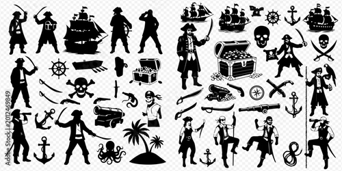 Obraz na płótnie Pirate and nautical themed silhouettes including ships, treasure chests, weapons, and characters for adventure designs