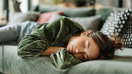 Tired woman lying on a green couch