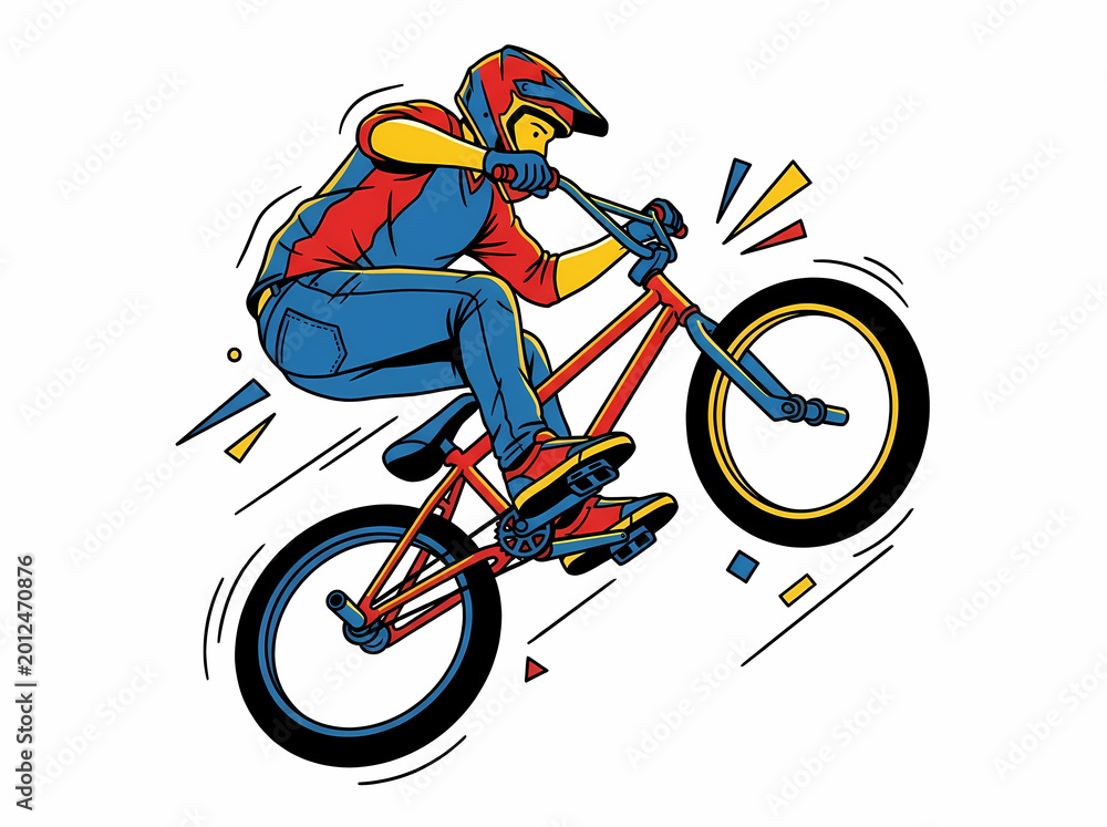 Fototapeta premium Dynamic comic book style illustration of a professional bmx rider performing a trick in mid air.