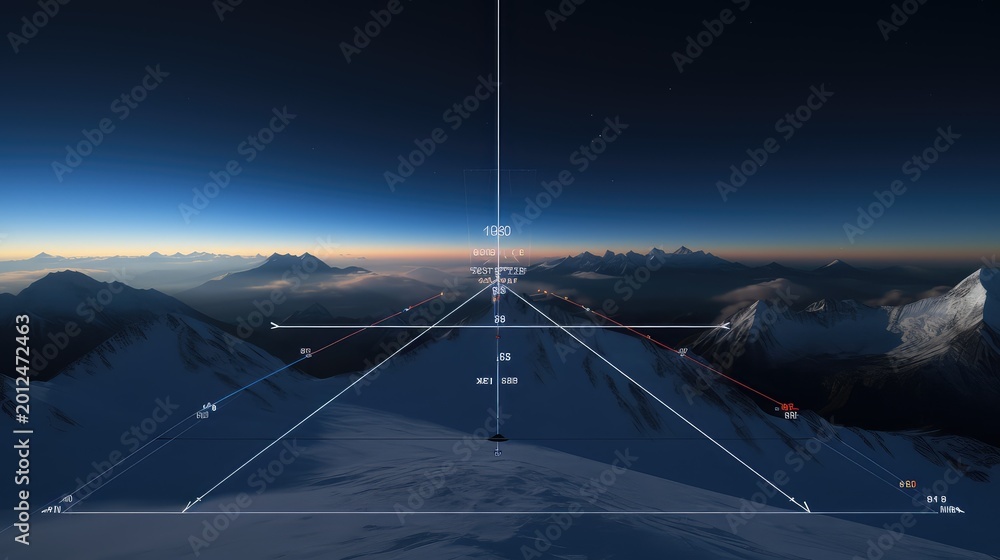 Obraz premium Future flight simulation perspective showing a head up display overlay with navigation data while flying over snow covered mountains during the blue hour with a clear sky