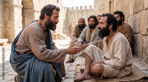 Apostle Paul healing a crippled man in Lystra by the power of Jesus Christ. Biblical scene from Acts of the Apostles. Ancient clothing, Jerusalem street, faith and divine miracle.