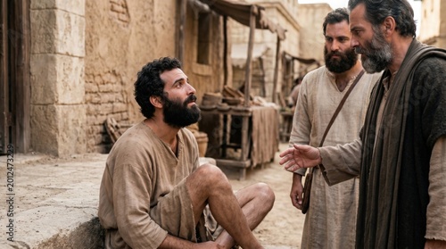Apostle Paul preaching to a lame man in Lystra. Biblical scene depicting man with faith to be healed. Ancient city street setting. Miracle of healing, historical religious event.