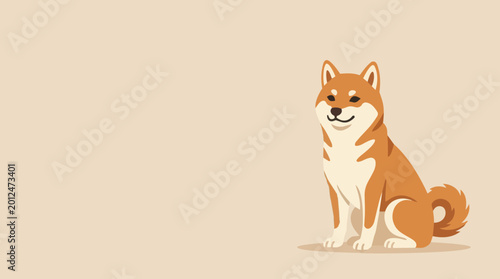 Εκτύπωση καμβά Cute Shiba Inu dog vector illustration sitting on beige background with minimal flat design style, adorable Japanese pet artwork for posters, branding, stickers, prints, and decor