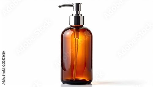 Amber glass dispenser with silver pump on white background