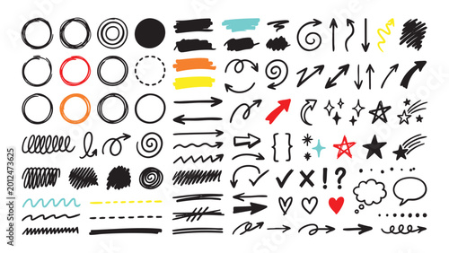 Fotografie Hand Drawn Doodle Sketch Element Set with Arrows Circles Stars Spirals Swashes H