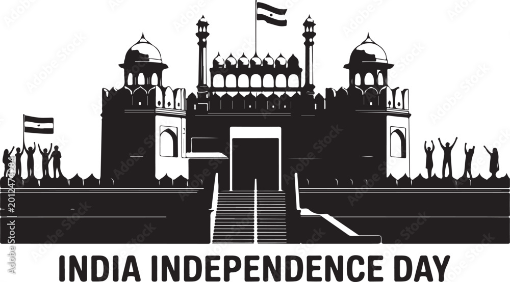 Fototapeta premium Black and white of india gate with people and flags