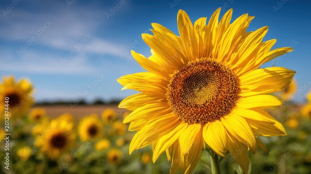 Fototapeta premium A radiant sunflower in full bloom with yellow petals and brown center stands against a blue sky.