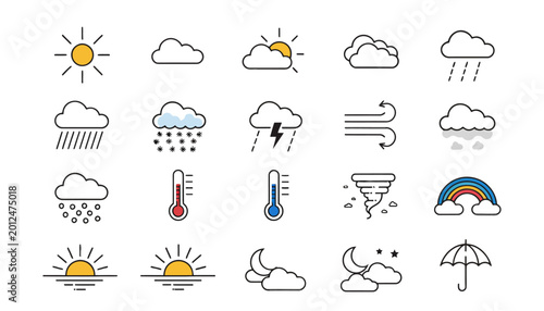 Set of Minimalist Weather Icons for Mobile App UI Design and Web Interface Elements Featuring Sun Rain Clouds and Temperature