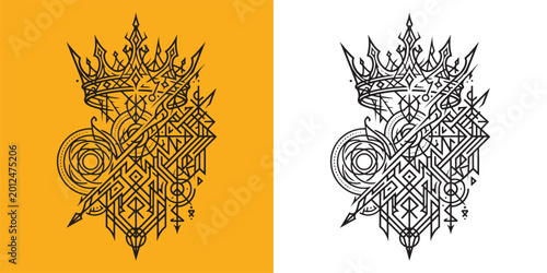 Foto Abstract Geometric Crown Tattoo with Sigils and Sacred Geometry Linework
