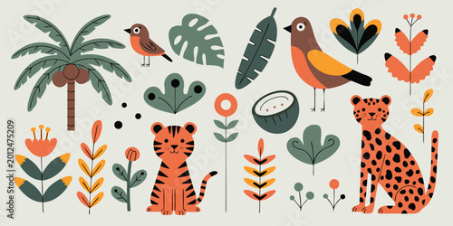 Photography Safari animals and tropical bird with jungle flora illustrations