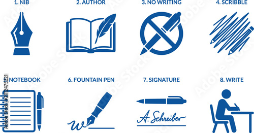 Foto Writing related icons numbered from one to eight depicting nib author no writing scribble notebook fountain pen signature write