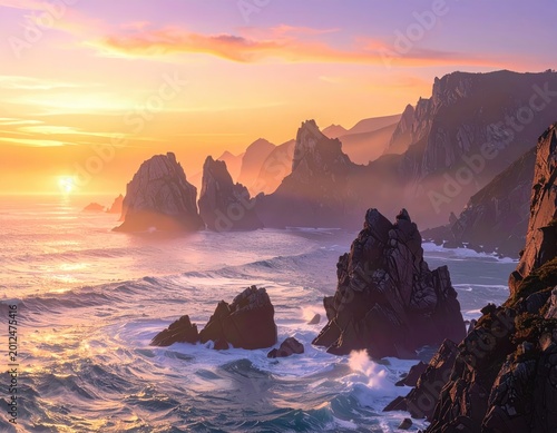 Majestic cliffs meet a pastel sunset over a turbulent ocean