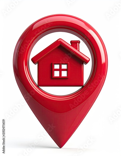 Red glossy location pin icon with a simple house symbol inside