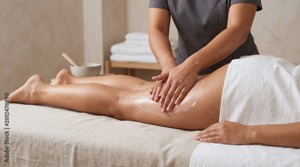 Fototapeta premium Therapist massaging legs of a woman with lotion in a spa 