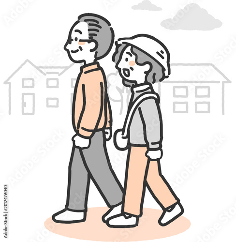 町中を歩くシニア層の男性と女性のカップルの2色イラスト