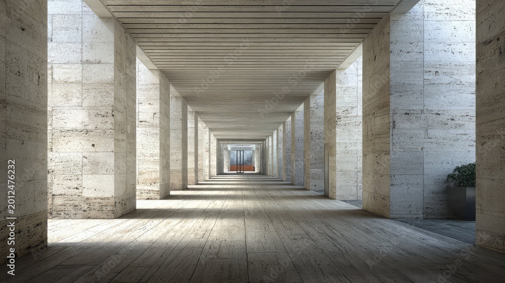 Fototapeta premium Modern architectural colonnade featuring a monumental hallway of travertine stone, with light creating shadow patterns on the floor and a sense of depth