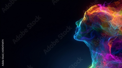 transparent human silhouette filled with colorful flowing data streams abstract ai consciousness concept dark background neon glow futuristic style
