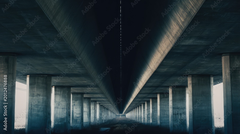 Fototapeta premium Massive concrete highway bridge underpass creating a deep vanishing point and geometric patterns, symbolizing connection, infrastructure, and modern urban design