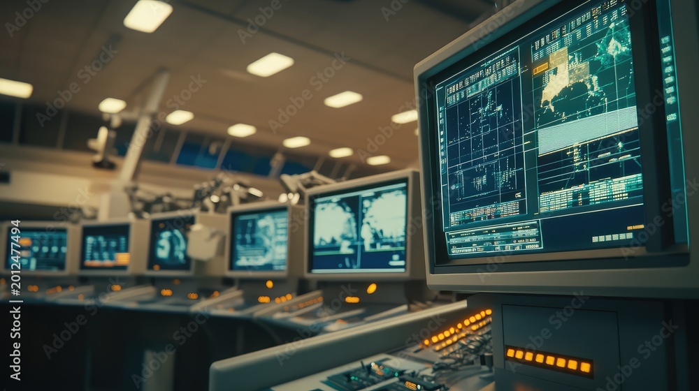 Fototapeta premium Control room with multiple computer screens displaying complex data, maps, and information in a retro tech environment, emphasizing observation and management of critical operations