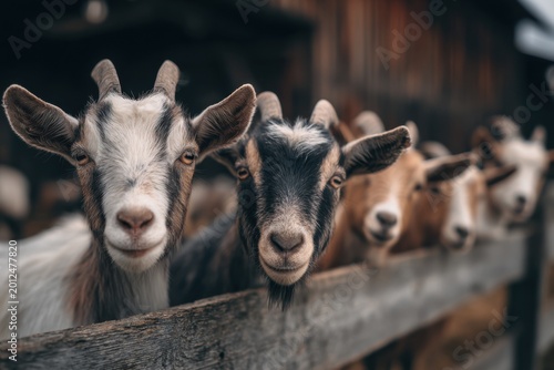 domestic goats portrait in farm environment with shallow depth of field and soft light, livestock farming, rural agriculture concept