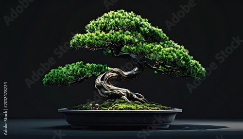 Twisted miniature tree, meticulously sculpted in a pot, with lush green foliage against dark