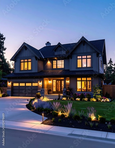 Illuminated modern home with manicured lawn at dusk
