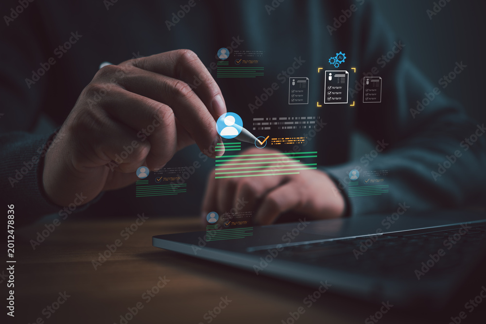 Obraz premium AI recruitment screening concept with digital candidate profile analysis and automated verification interface, human resources technology, talent management, hiring process, and workforce analytics.
